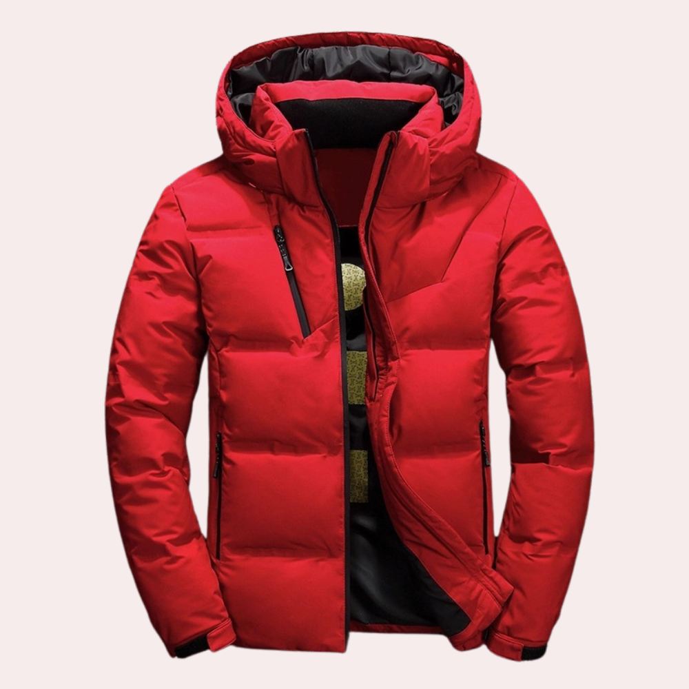 Warm men's coat with hood