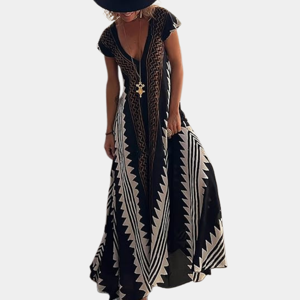 Adelina - Summer Bohemian Maxi Dress with Geometric Pattern