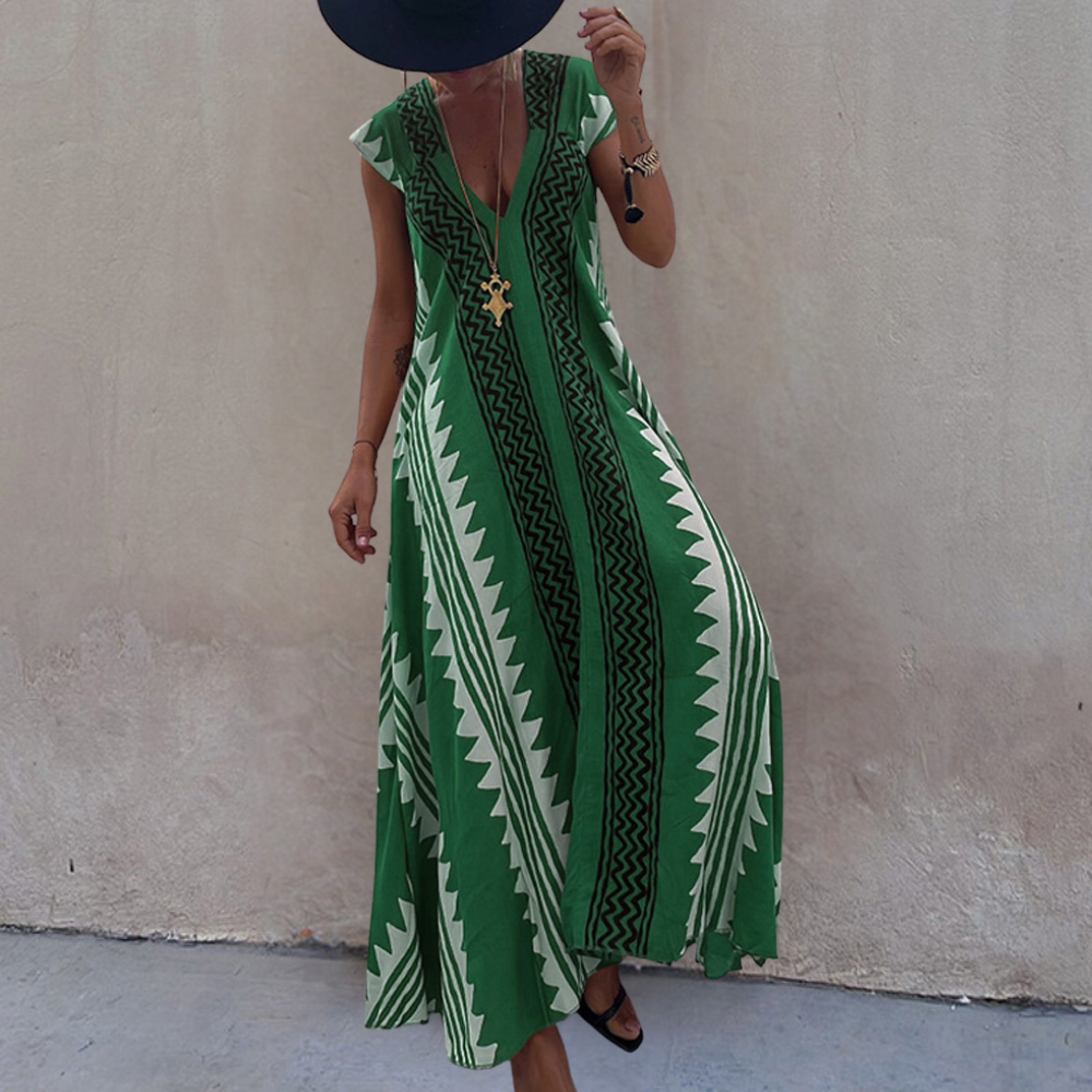 Adelina - Summer Bohemian Maxi Dress with Geometric Pattern