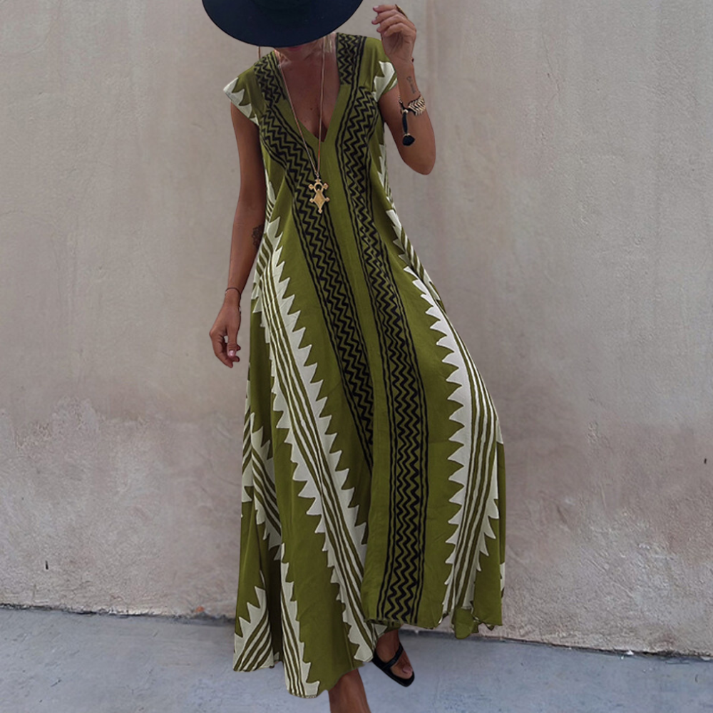 Adelina - Summer Bohemian Maxi Dress with Geometric Pattern