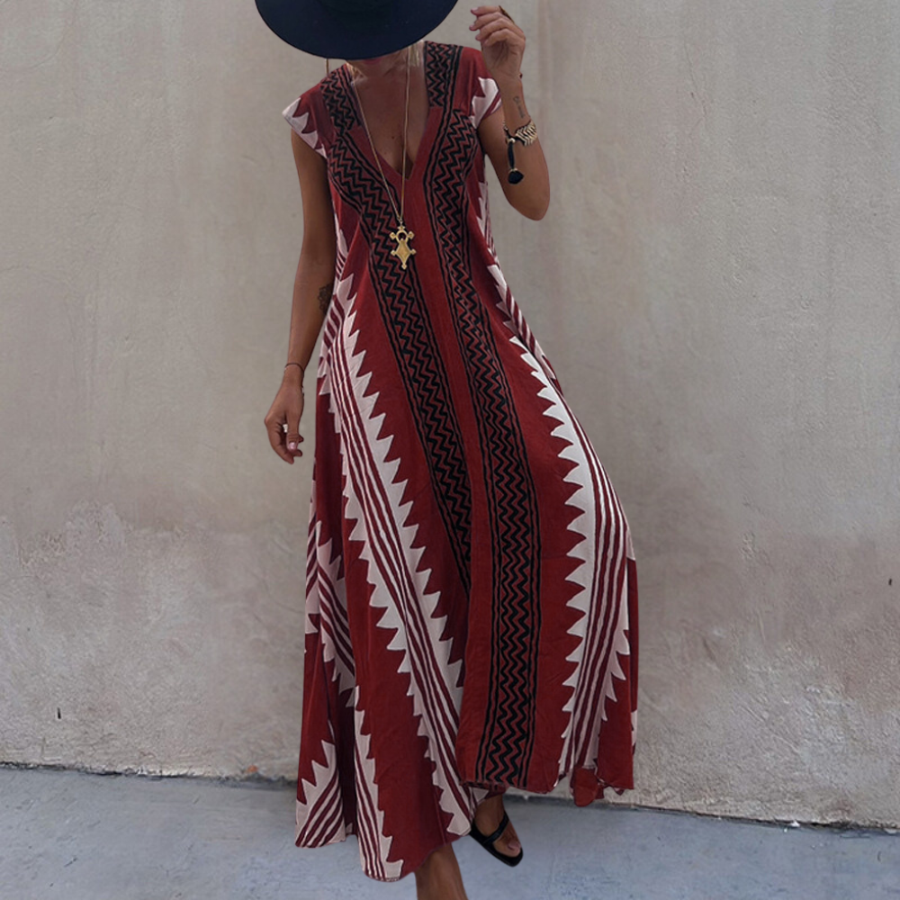 Adelina - Summer Bohemian Maxi Dress with Geometric Pattern
