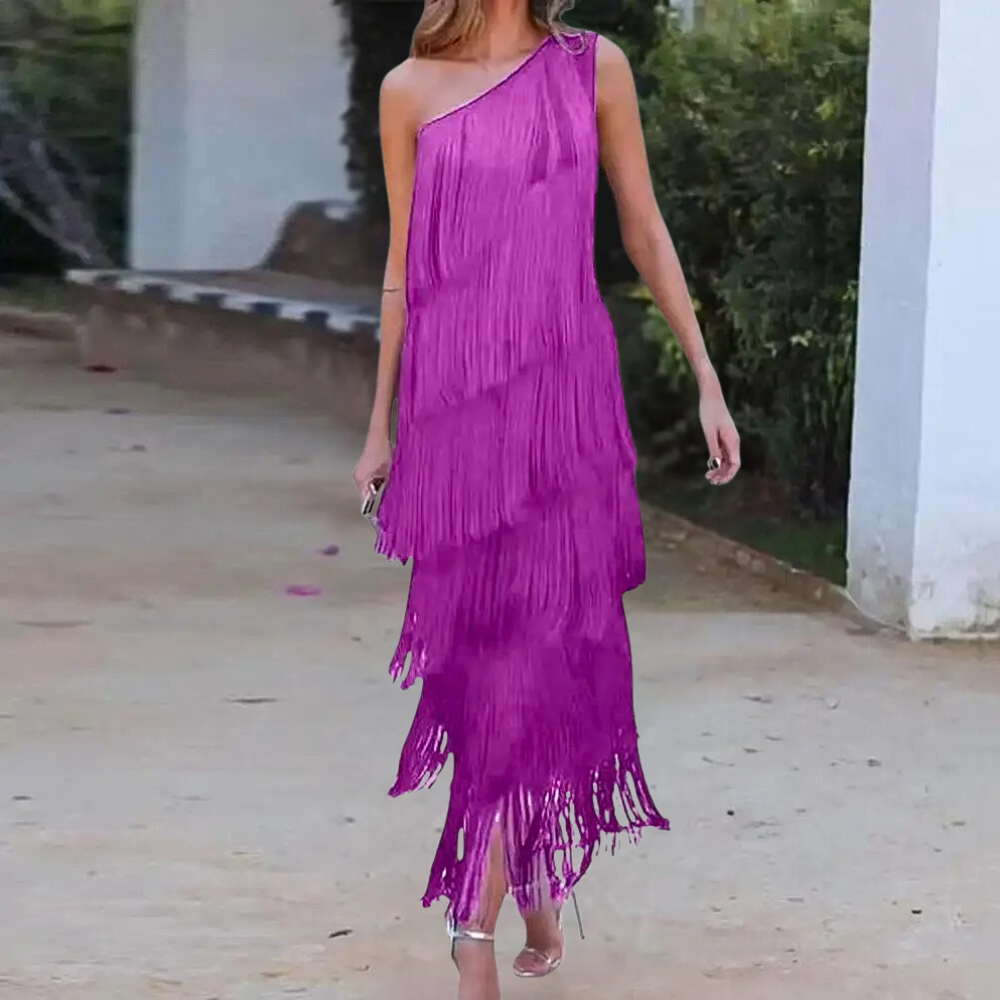 Carol - Fashionable One-Shoulder Summer Dress with Fringes