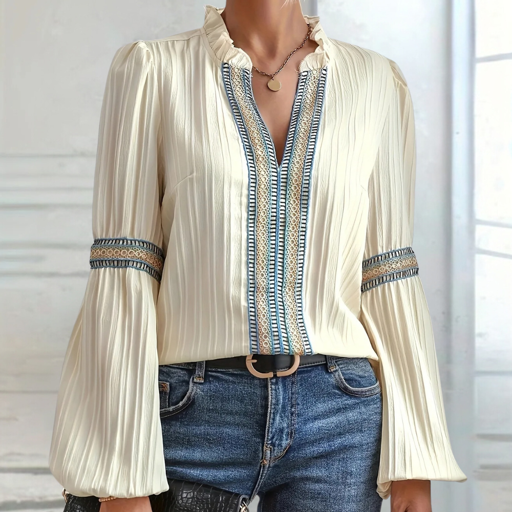 Teodora - Luxe Ladies V-Neck Summer Blouse with Ruffles