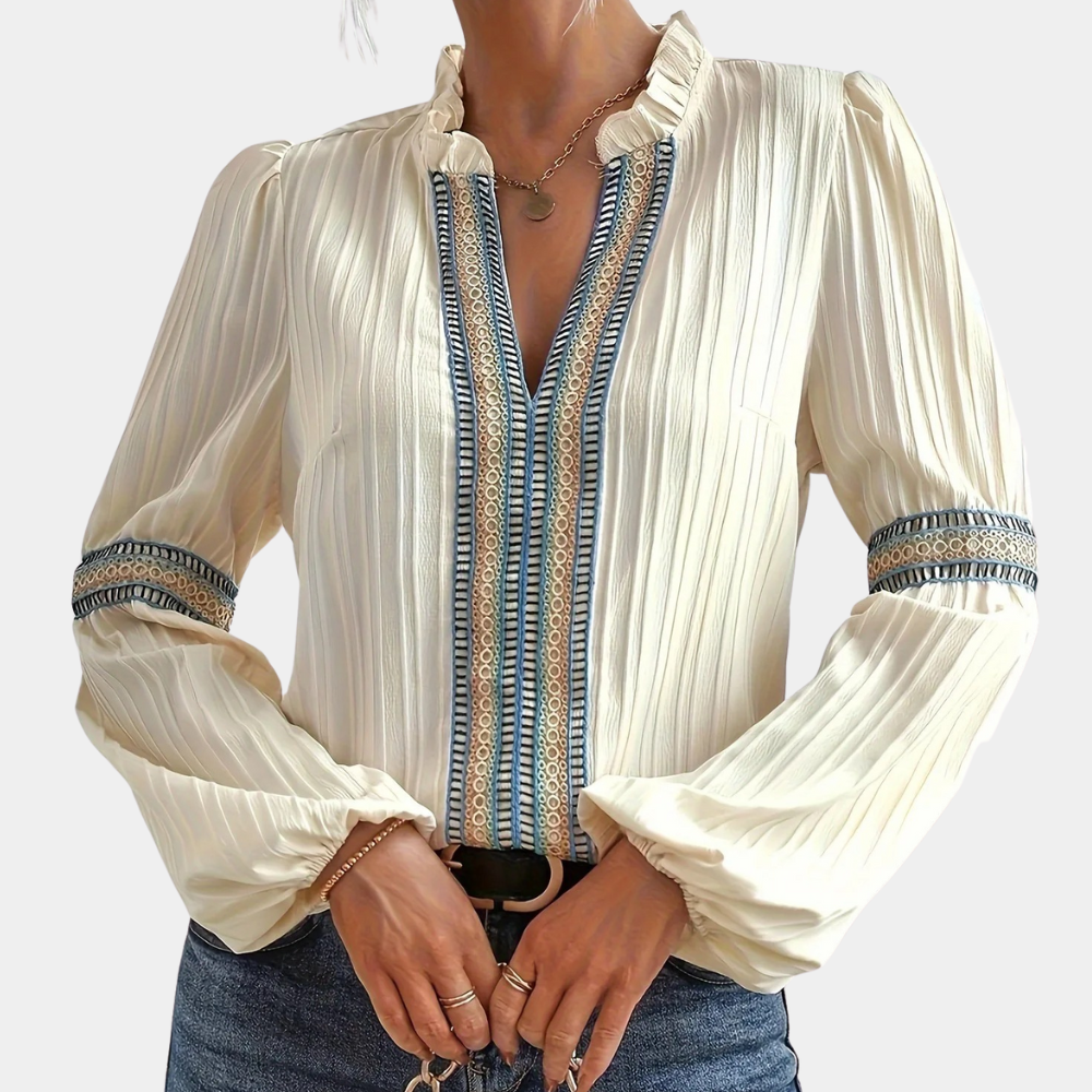 Teodora - Luxe Ladies V-Neck Summer Blouse with Ruffles