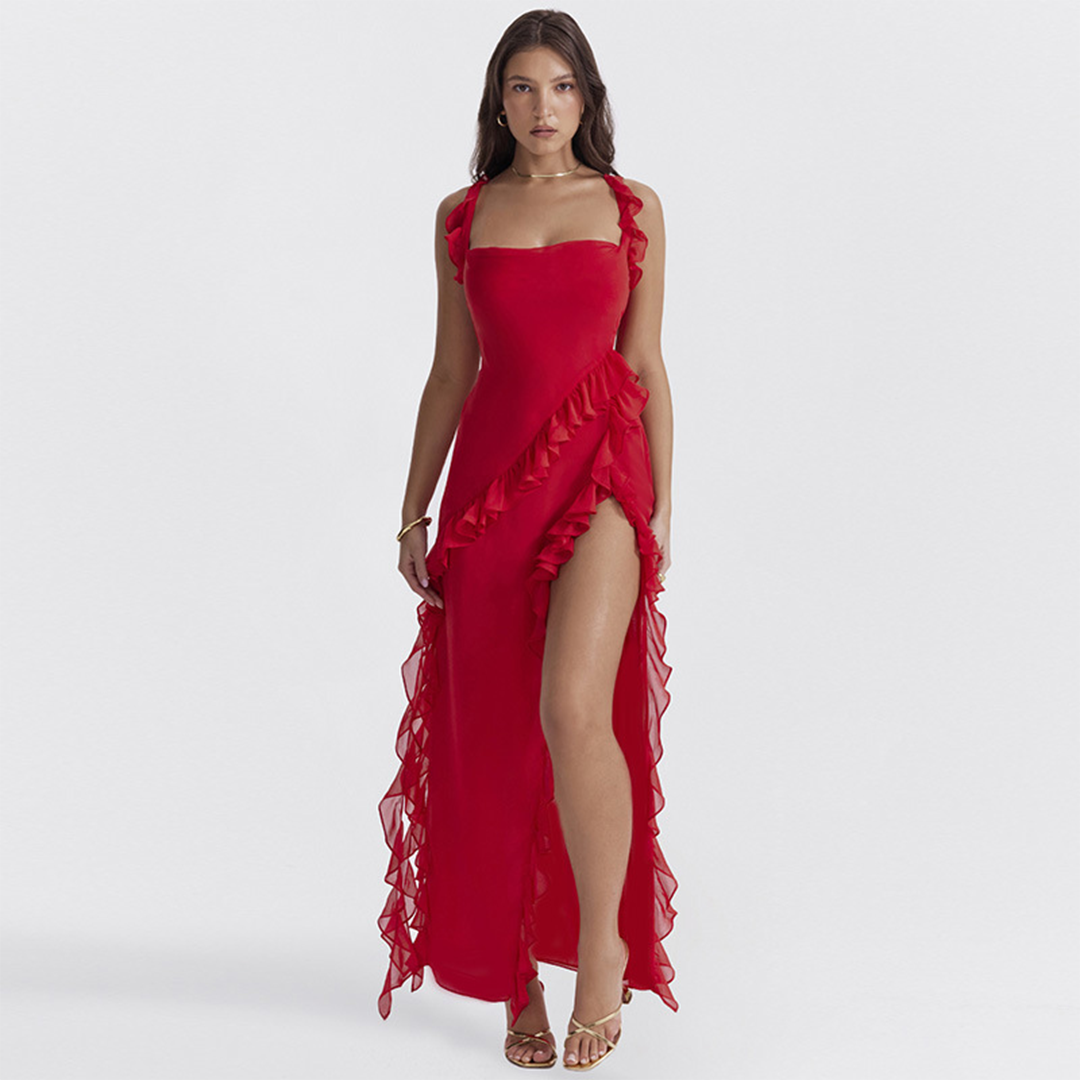 ROMINA - Airy Ruffled Maxi Dress with Split for Summer