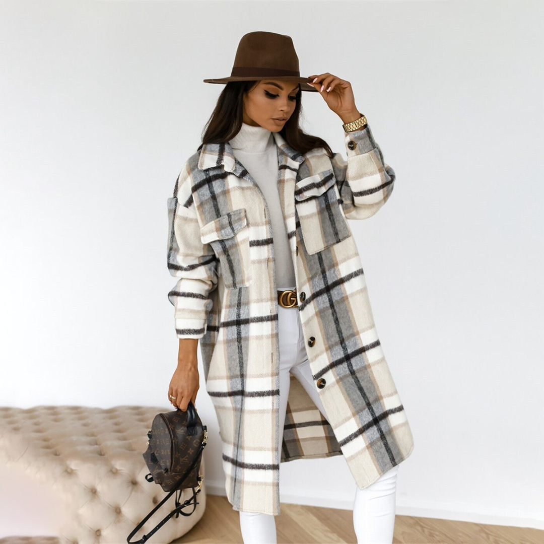 AOIFE - Lightweight Checked Long Coat for Women, Perfect for Summer