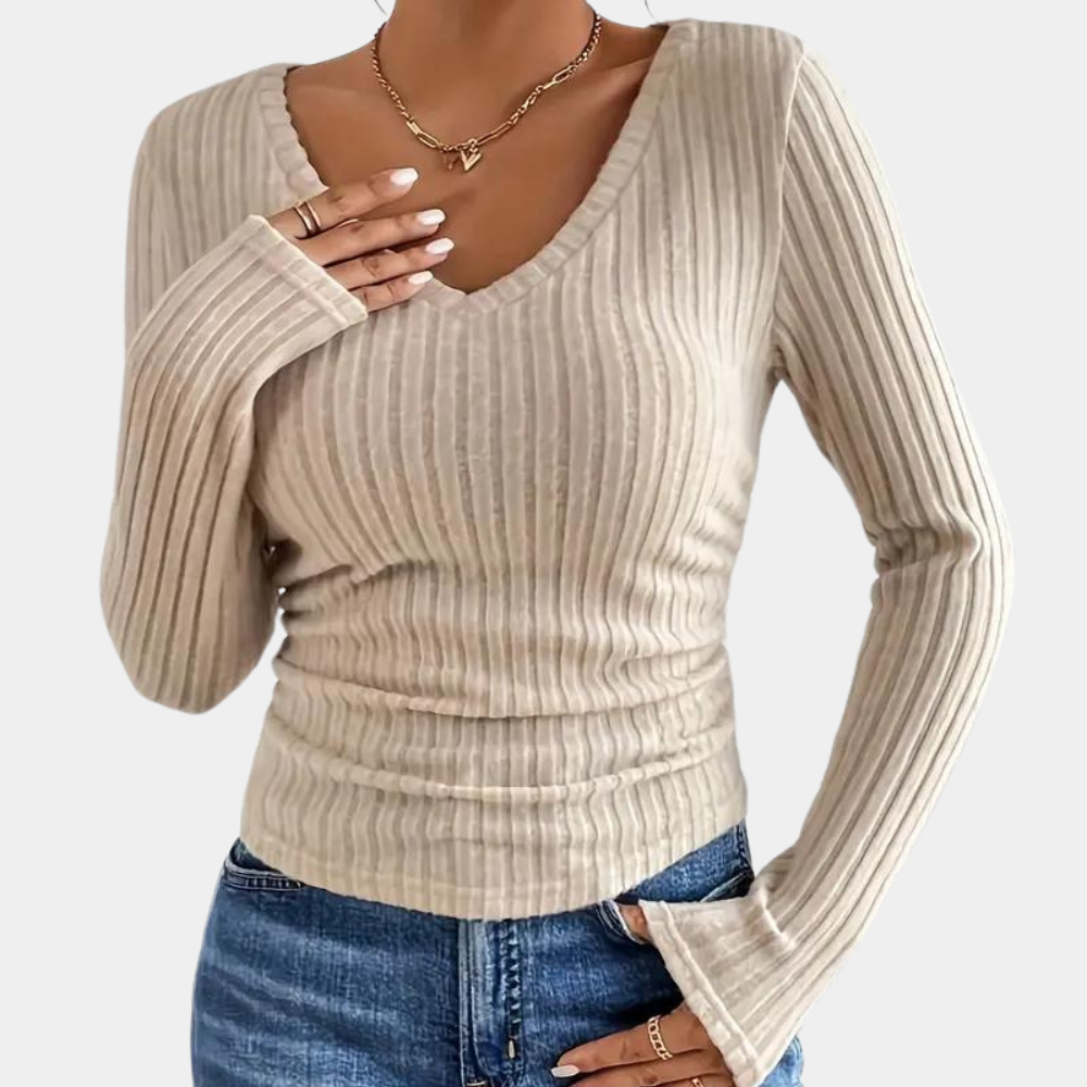 Tasenka - Ribbed V-Neck Women's T-Shirt