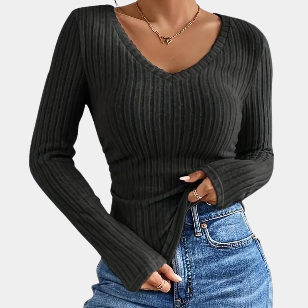 Tasenka - Ribbed V-Neck Women's T-Shirt