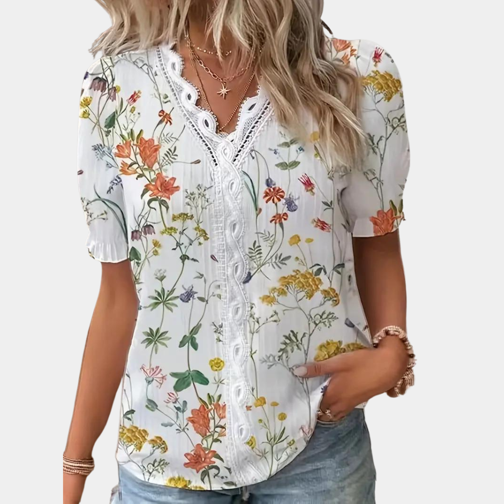 Zuzanna - Light floral ladies' blouse with lace trim for summer