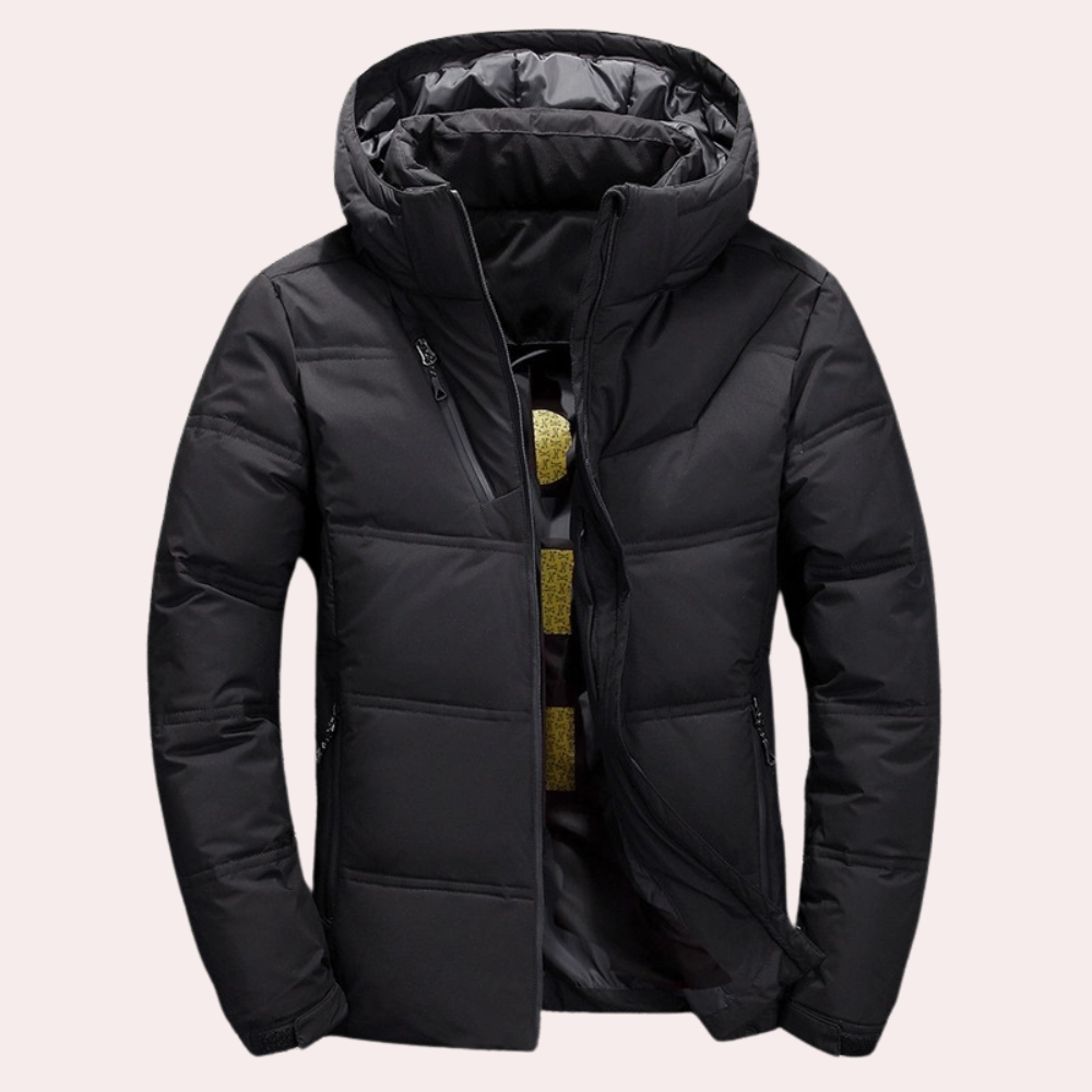 Warm men's coat with hood