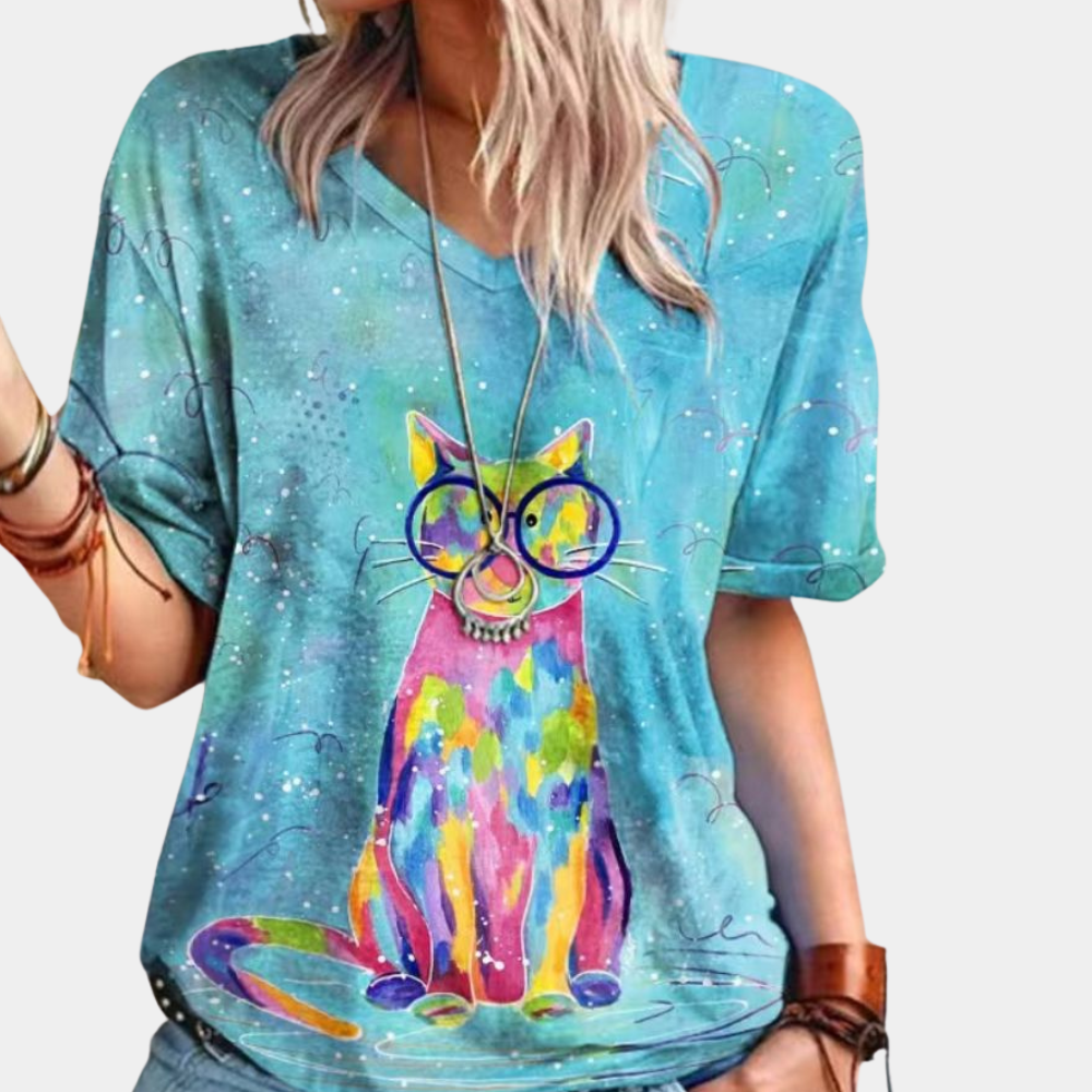 Trendy women's t-shirt with cat print for summer