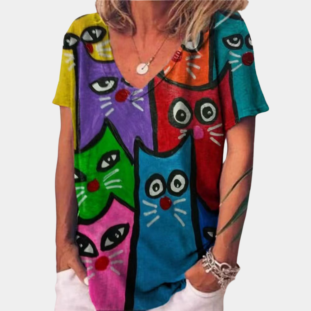 Trendy women's t-shirt with cat print for summer