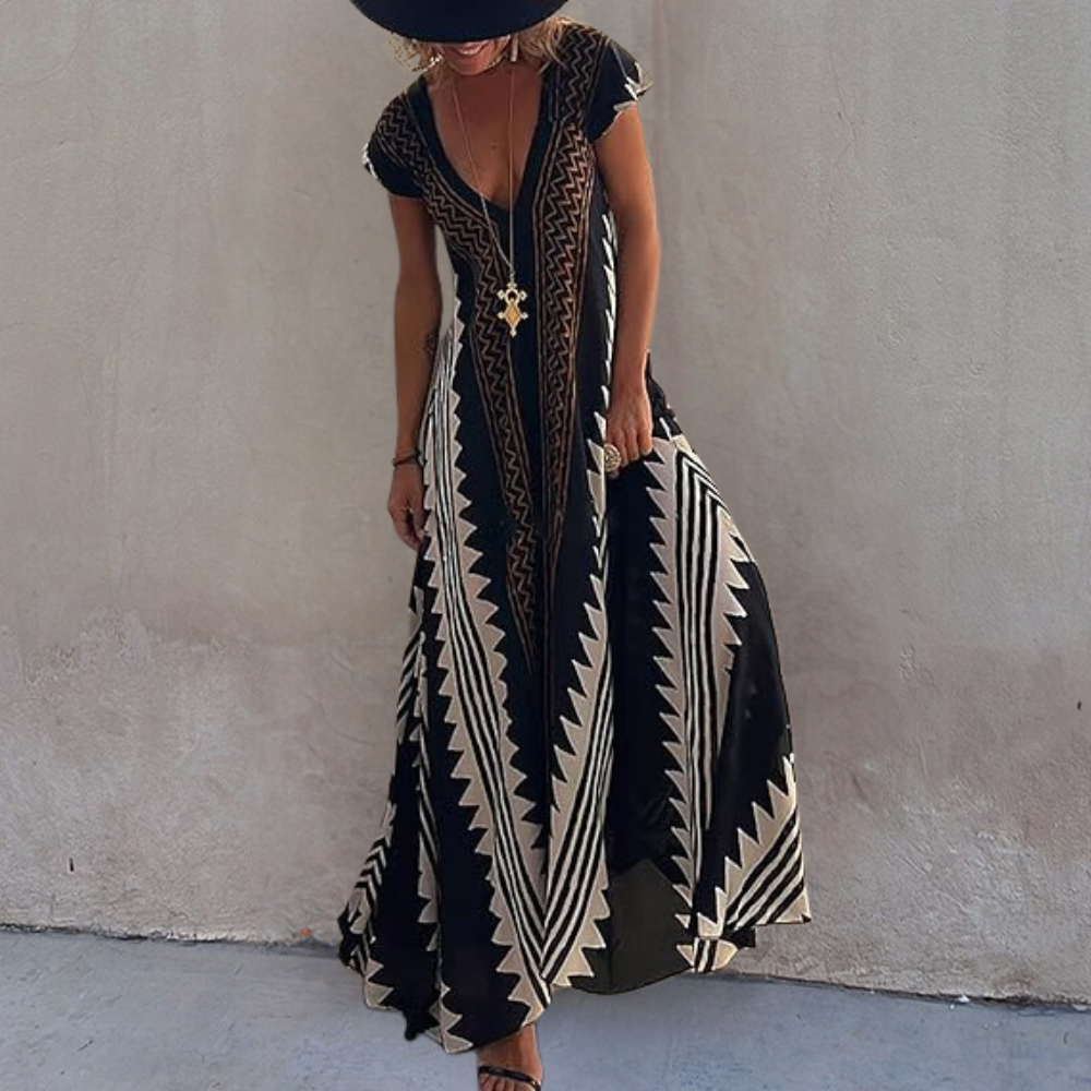 Adelina - Summer Bohemian Maxi Dress with Geometric Pattern