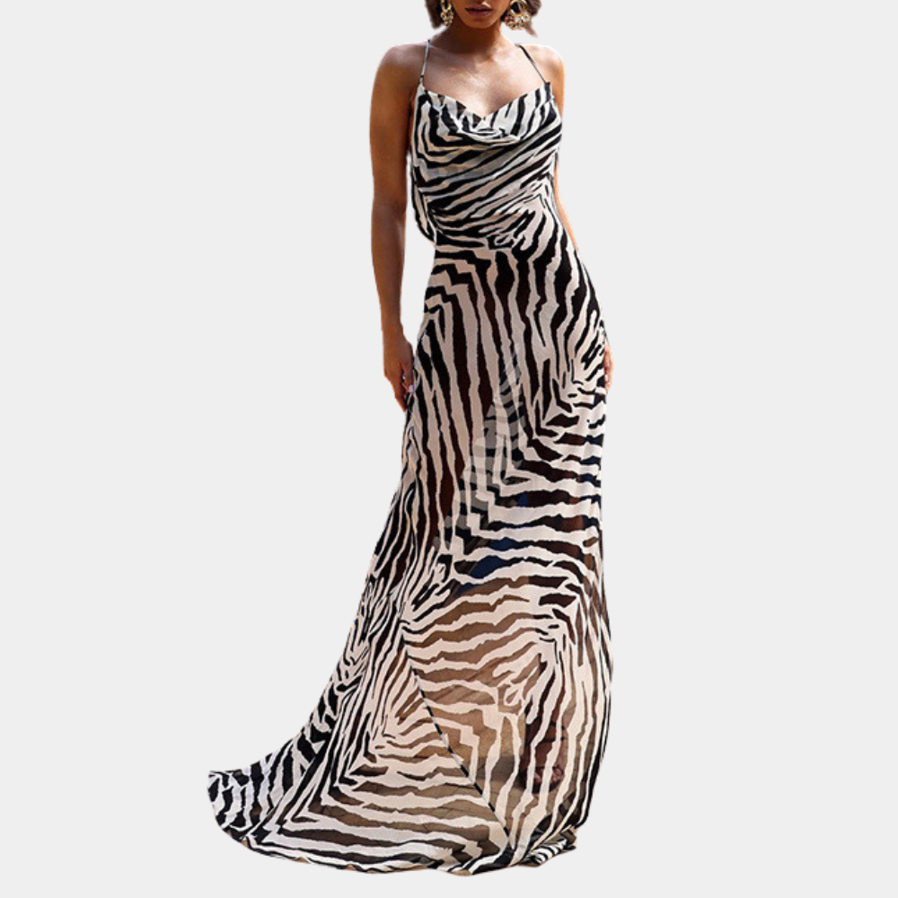 Dayana - Bold Backless Maxi Dress with Zebra Stripes for Summer