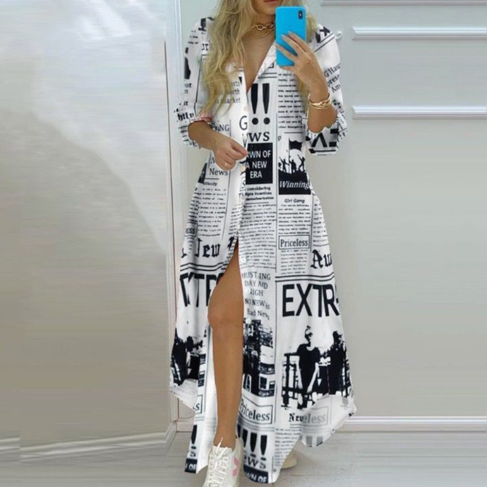 Antonia - Luxe Summer Dress with Artistic Newspaper Print