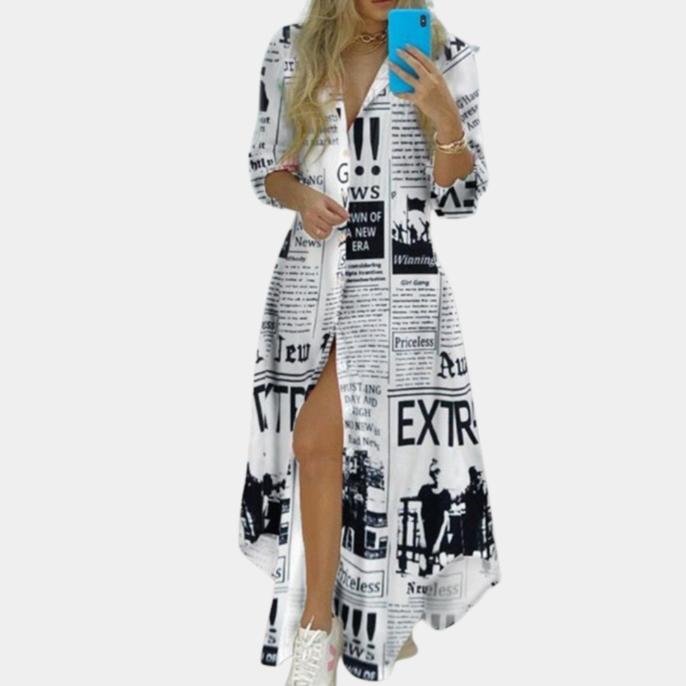 Antonia - Luxe Summer Dress with Artistic Newspaper Print