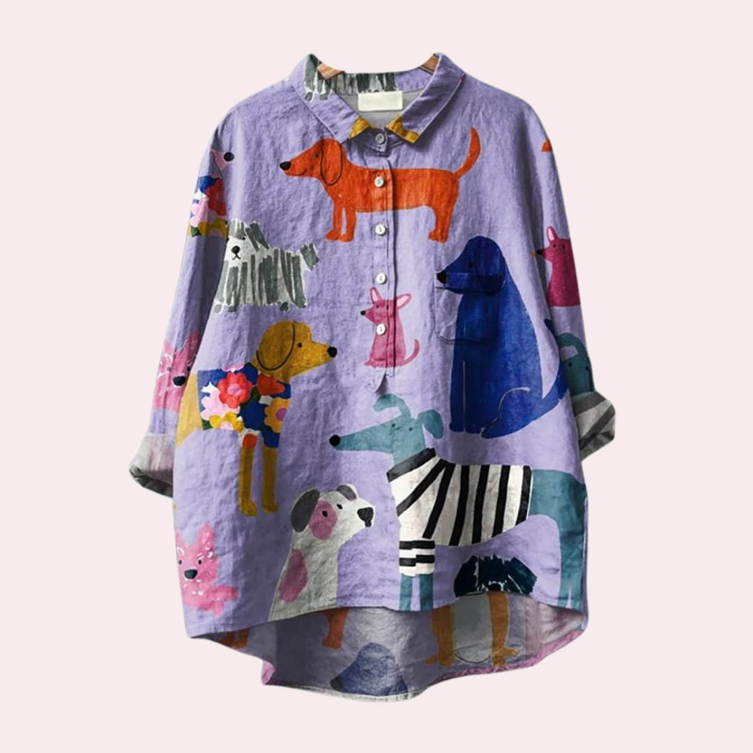 Brynja - Summer Shirt with Playful Dog Print for Women