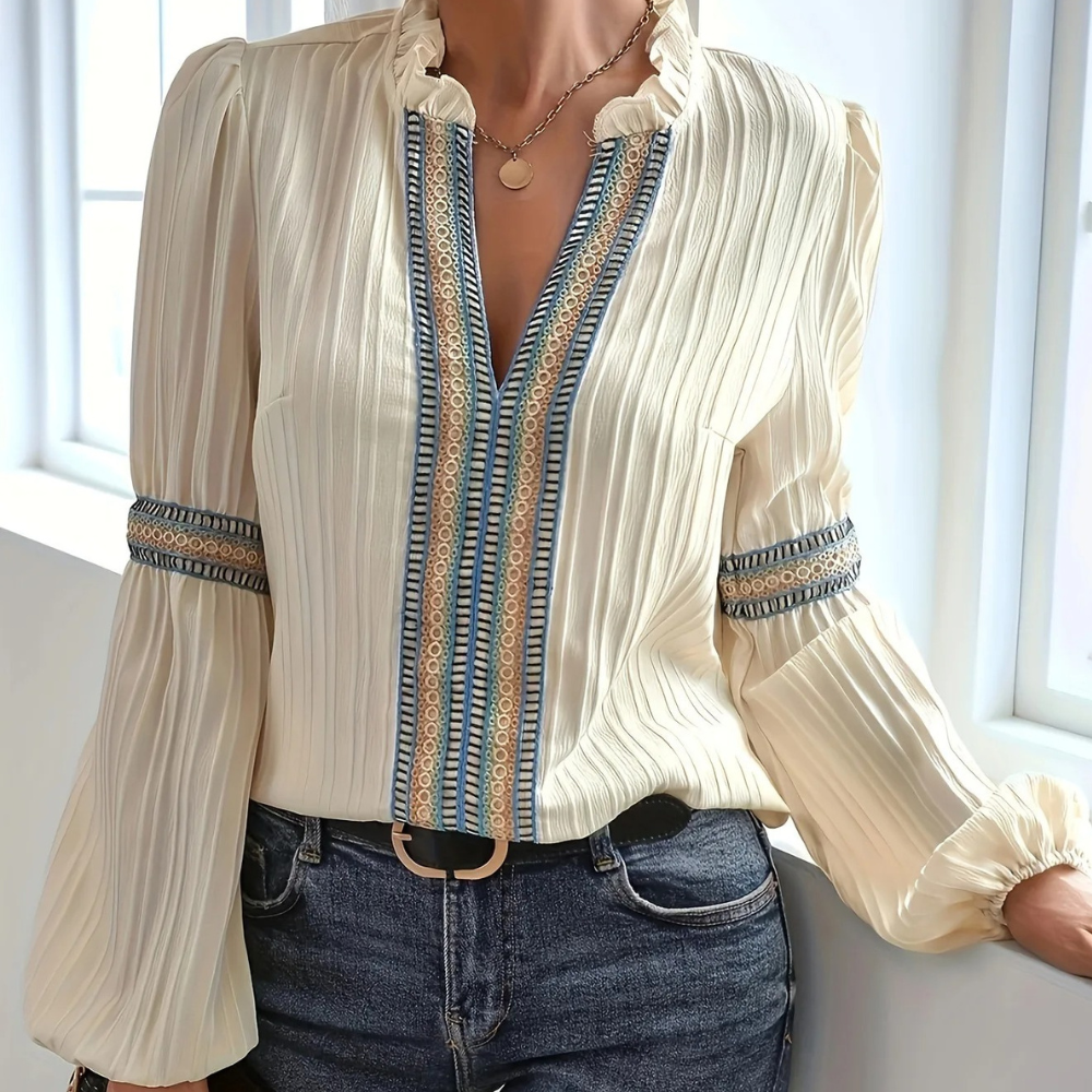 Teodora - Luxe Ladies V-Neck Summer Blouse with Ruffles