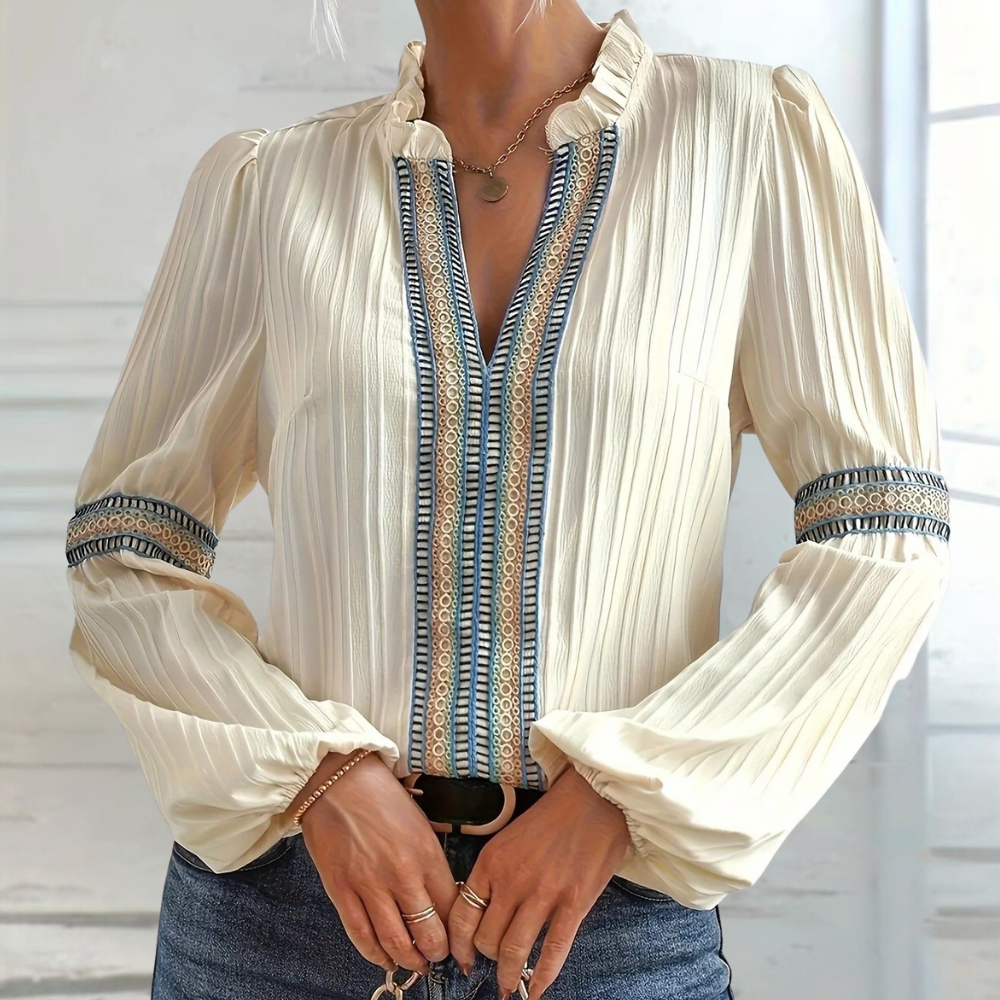 Teodora - Luxe Ladies V-Neck Summer Blouse with Ruffles